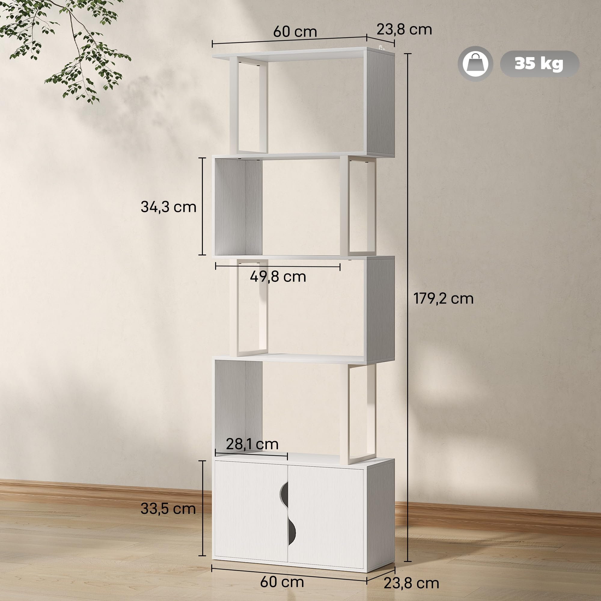 HOMCOM Librería de 5 Niveles en Forma de S 60x23,8x179,2 cm Blanco | Estantería de Libros, 5 Estantes, 2 Puertas, Sala de Estar, Oficina, Estudio, Dormitorio
