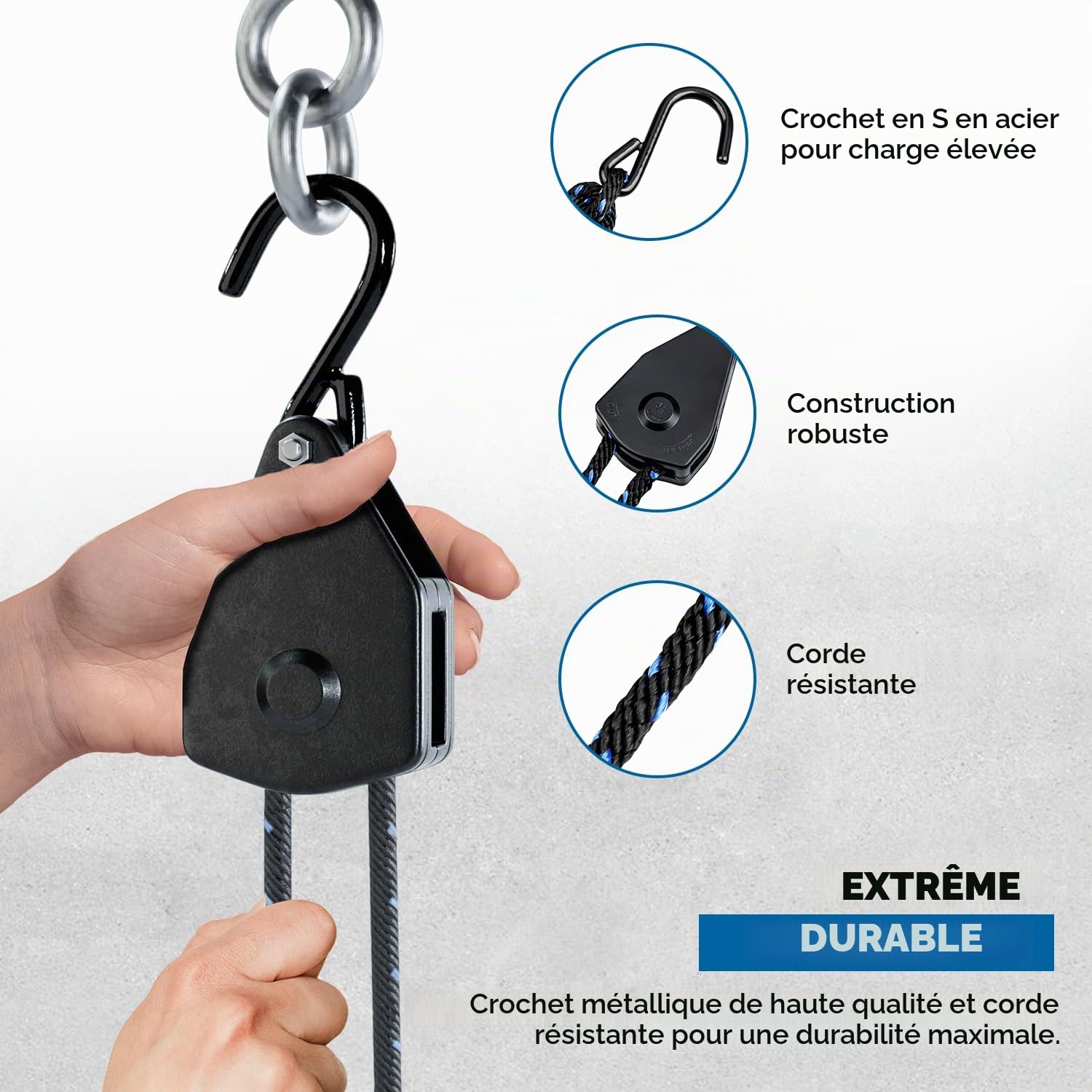 Lot de 2 poulies de 3/8" - Tendeur de câble robuste - Avec 2 cordes de 2,3 m - Charge maximale : 113 kg - Parfait pour l'extérieur, le camping, les bâches, les auvents et l'atelier