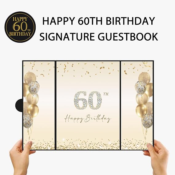 DARUNAXY Black Gold Happy 60th Birthday Alternative Signature Guest Book | 60th Birthday Party Decorations for Men Women Cheers to 60 Years Old Gifts 60 Birthday Signing Card Board Party Supplies