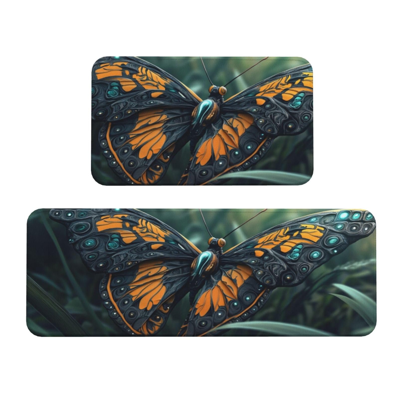 Juego de 2 alfombras de cocina lavables y acolchadas de 43 cm con diseño de mariposa