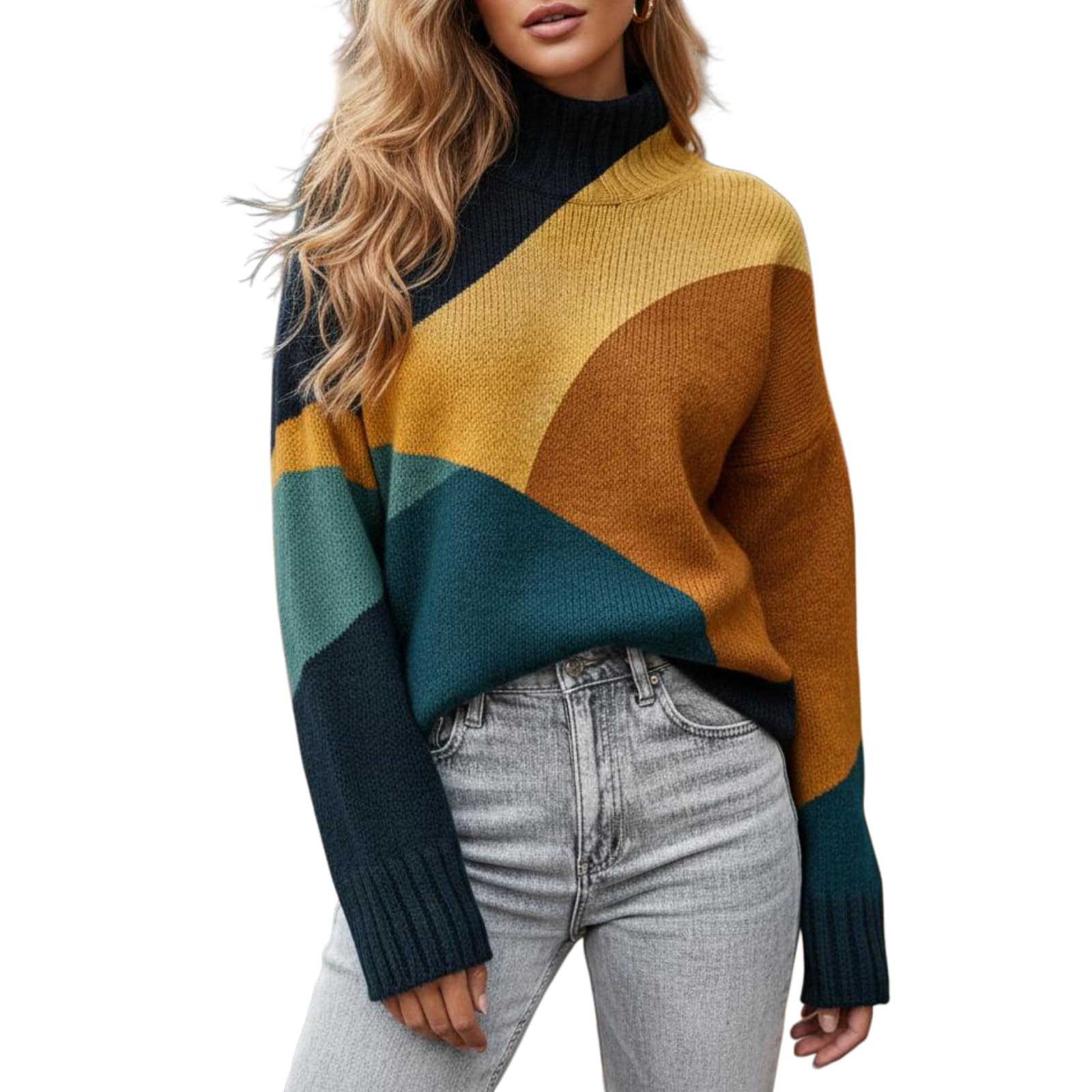 Womens Boho Colorful Floral Printed Turtleneck Sweater Knit Long Sleeve Lightweight Pullover Top Spring Casual Blouse