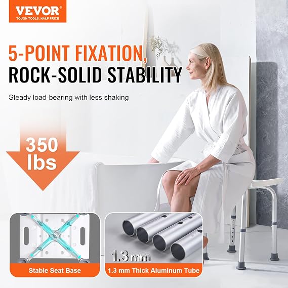 VEVOR Shower Stool, Height-Adjustable Bath Chair with Integrated Grips, Safe Seating Solution for Showers or Bathtubs, Anti-Slip Bathroom Bench for Seniors, Disabled, 350 lb Limit