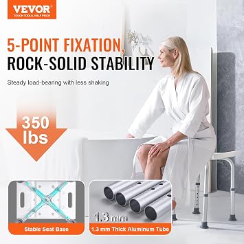 VEVOR Shower Stool, Height-Adjustable Bath Chair with Integrated Grips, Safe Seating Solution for Showers or Bathtubs, Anti-Slip Bathroom Bench for Seniors, Disabled, 350 lb Limit