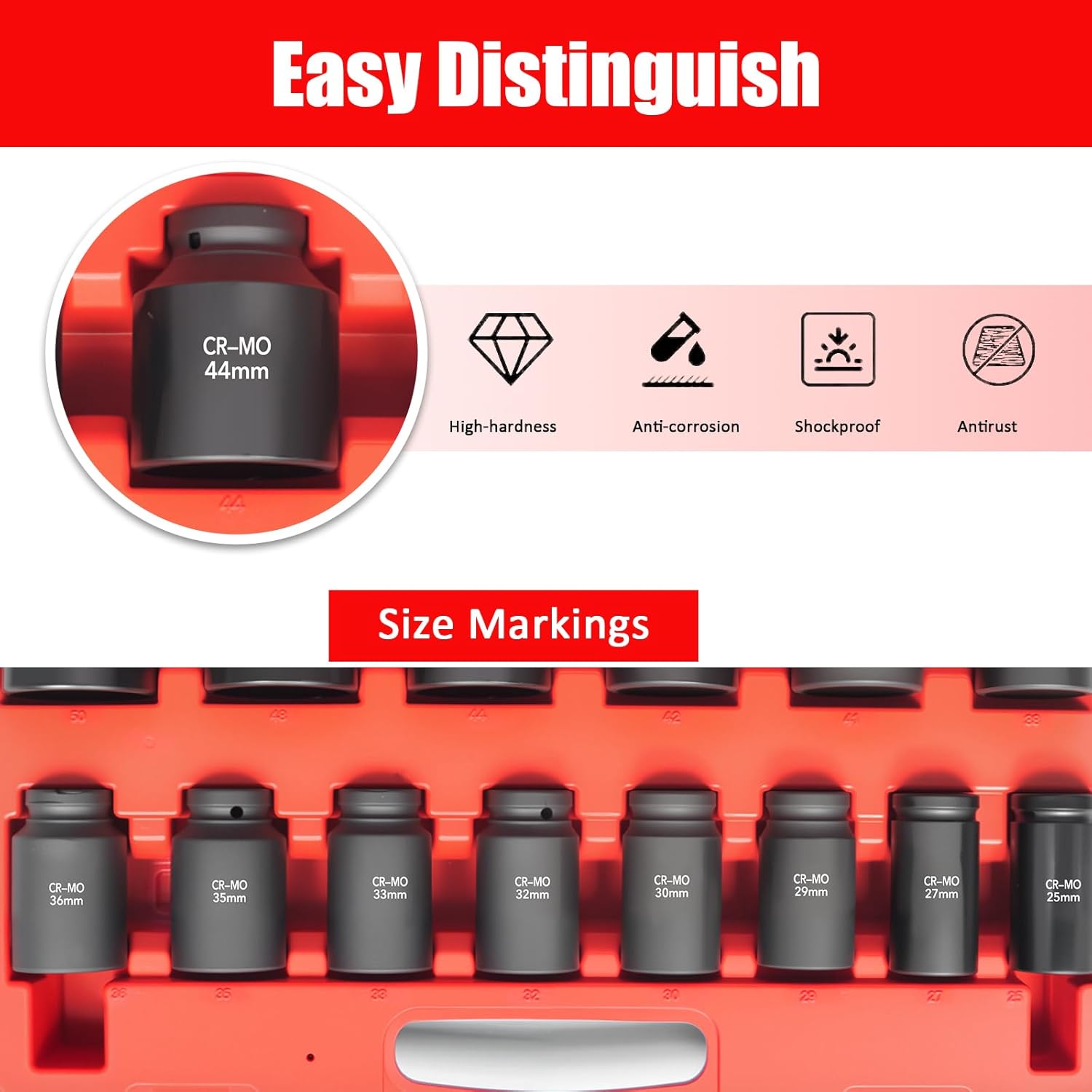 1/2 Inch Drive Deep Impact Socket Set,6-Point, Metric Sizes(25-50mm),14 PCS,Cr-Mo Steel,Heavy Duty Impact Sockets for Automotive & Industrial Machinery,With a Storage Case