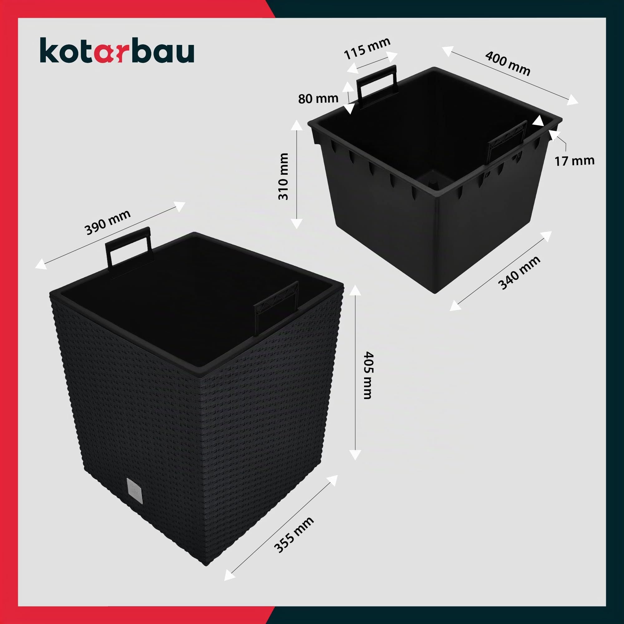 KOTARBAU® 2er Set Blumentöpfe 64 L Höhe: 40 cm Anthrazit Pflanzentopf aus Kunststoff Übertopf mit Innentopf Blumentopf Set wie Rattan Pflanzentopf Innen Außen