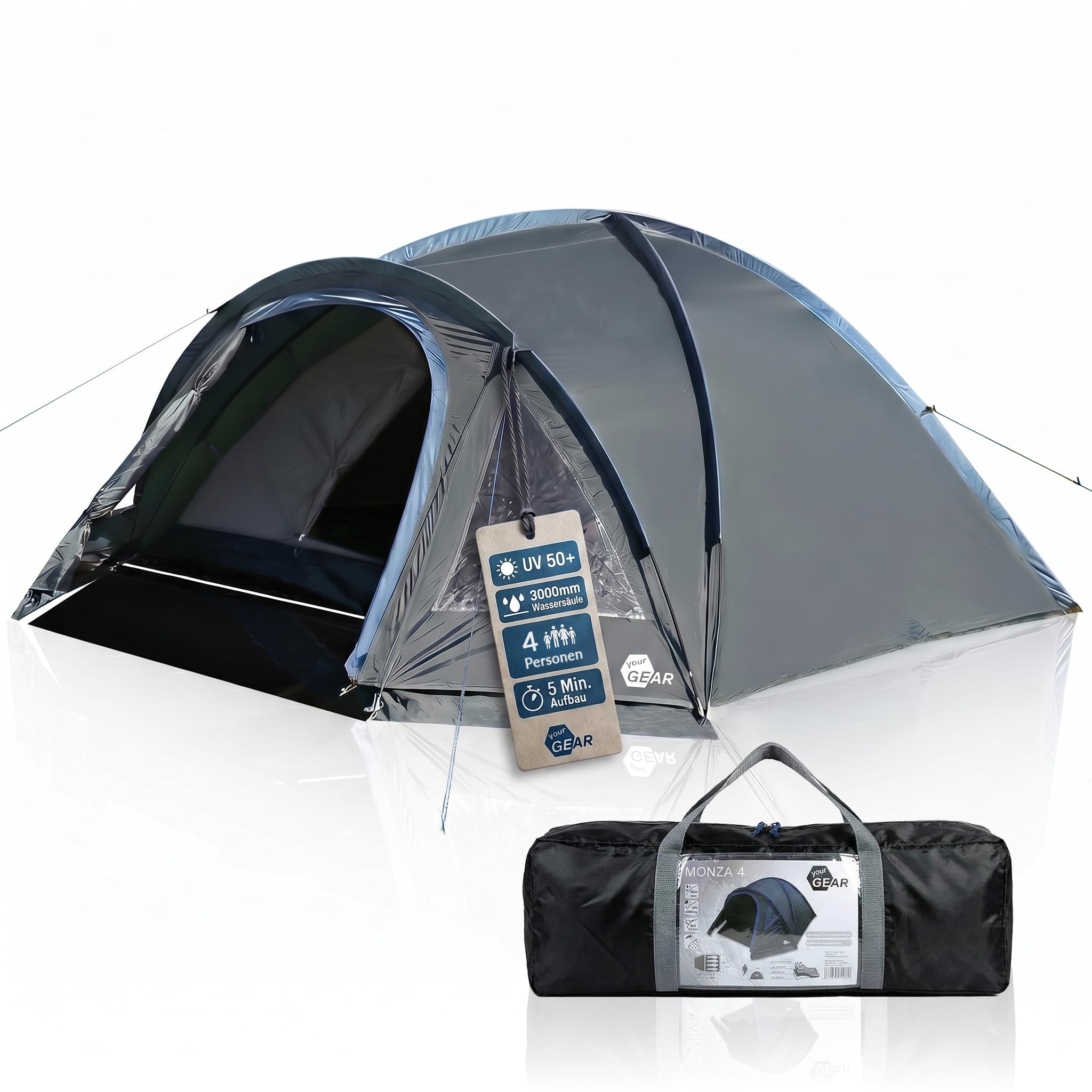 your GEAR Monza Zelt 4 Personen – Schnellaufbau Campingzelt – Festivalzelt wasserdicht & UV50+ – Igluzelt mit dunkler Schlafkabine, Moskitonetz & Fenster – leichtes Kuppelzelt für Camping & Festival
