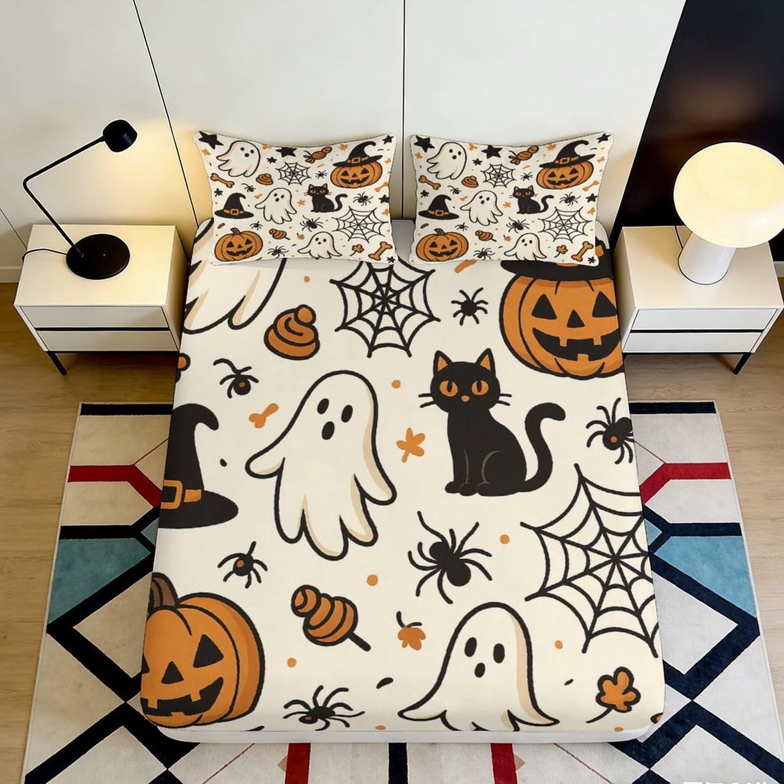 Pnayamiorkfel Style-3 3D Printed Halloween Ghost Fitted Sheet Microfiber Pumpkin Cat Bed Cover For Bedroom Dorm Easy Care Decor 90X200x25cm