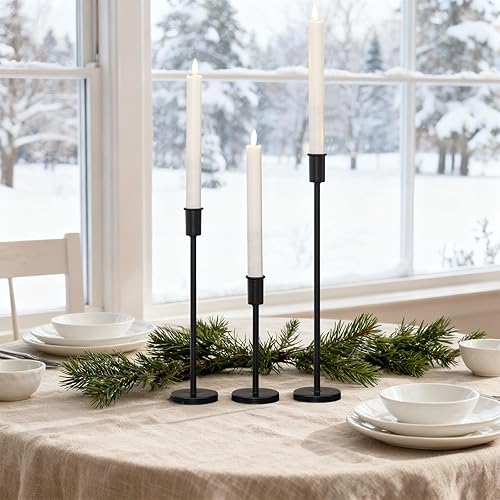 Miniatura 3 de Portavelas de pilar negro mate Juego de 3 candelabros decorativos de hierro pesado para centro de mesa, boda, comedor, fiesta portavelas