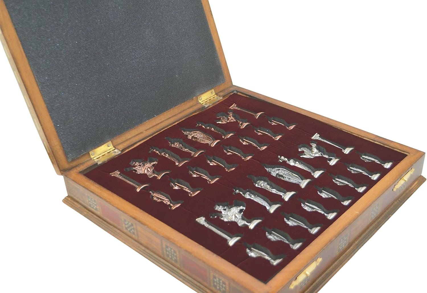 Medieval British Army Antique Copper Metal Chess Set for Adults,Handmade Pieces and Natural Solid Wooden Chess Board with Storage Inside King 3.35inc