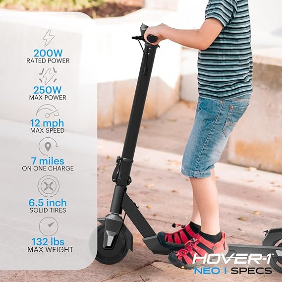 سكوتر كهربائي قابل للطي من عائلة Hover-1 Neo بمحرك بدون فرشاة بقوة 300 وات/250 وات/200 وات، وسرعة قصوى 16/14/12 ميل في الساعة، وعجلات مقاس 8.5 بوصة/6.5 بوصة، ومدى تنقل 10/7 ميل للأطفال والمراهقين من سن 4 إلى 16 عامًا