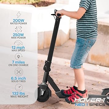 سكوتر كهربائي قابل للطي من عائلة Hover-1 Neo بمحرك بدون فرشاة بقوة 300 وات/250 وات/200 وات، وسرعة قصوى 16/14/12 ميل في الساعة، وعجلات مقاس 8.5 بوصة/6.5 بوصة، ومدى تنقل 10/7 ميل للأطفال والمراهقين من سن 4 إلى 16 عامًا