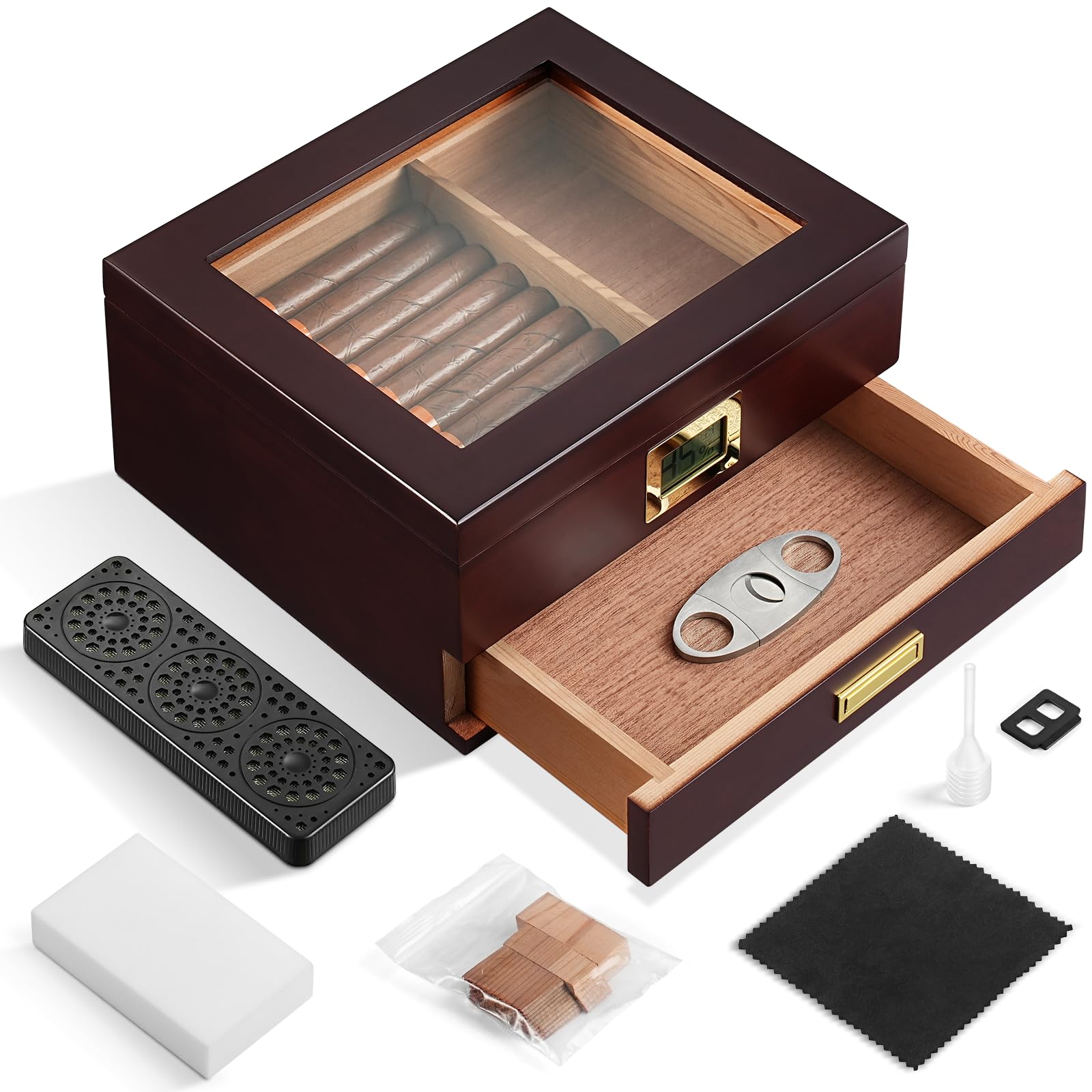 Handmade Cigar Humidor Box with Humidifier and Hygrometer, Cedar Wood Glass-Top Desktop Cigar Box with Drawer for Holds 30-50 Cigars, Premium Cigar Case Accessories for Men(Black)