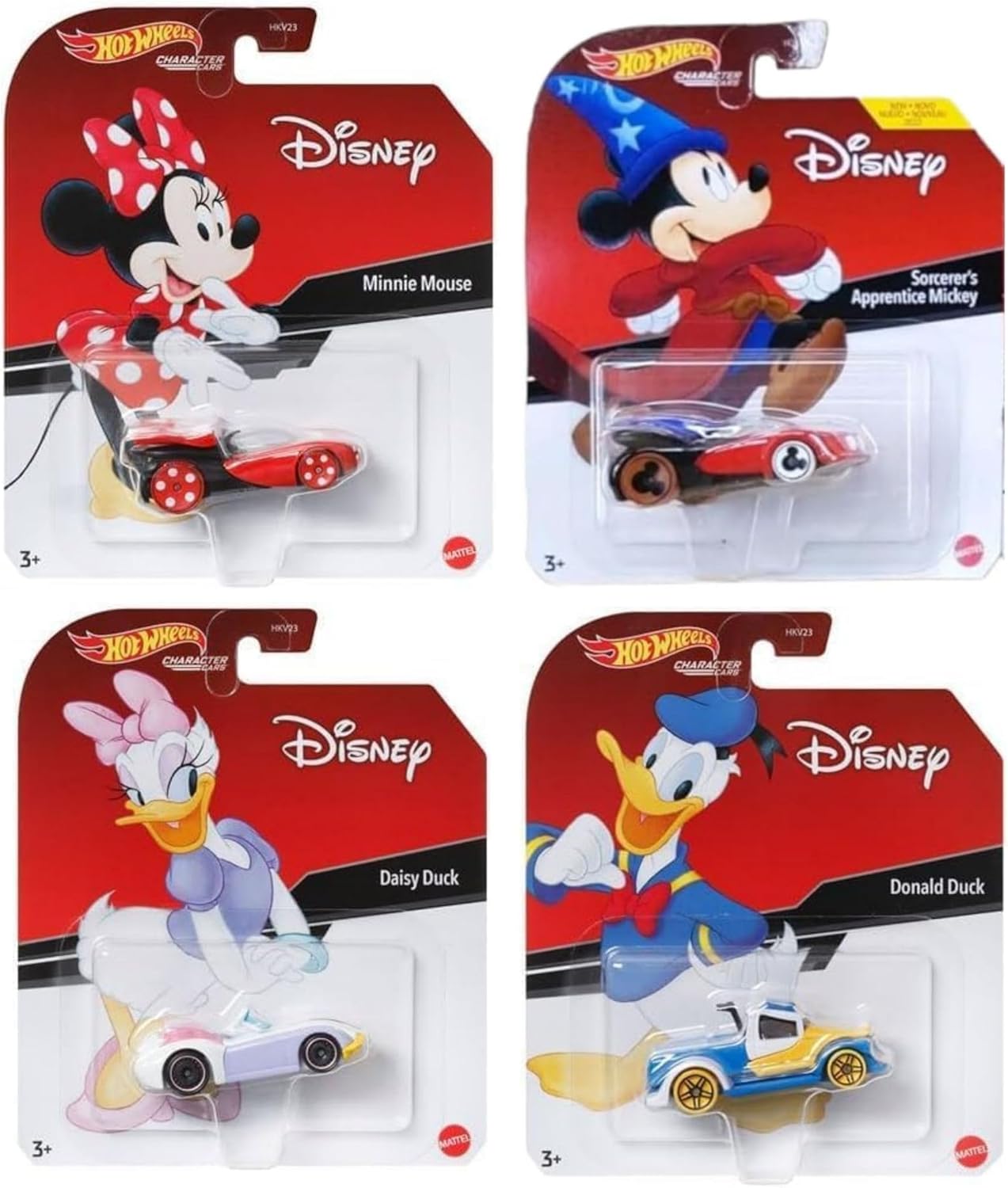 Hot Wheels Disney Character Cars Collection, Bundle of 4, Minnie Mouse, Sorcerer's Apprentice Mickey, Daisy Duck, Donald Duck, Ages 3+ HDL35-956C