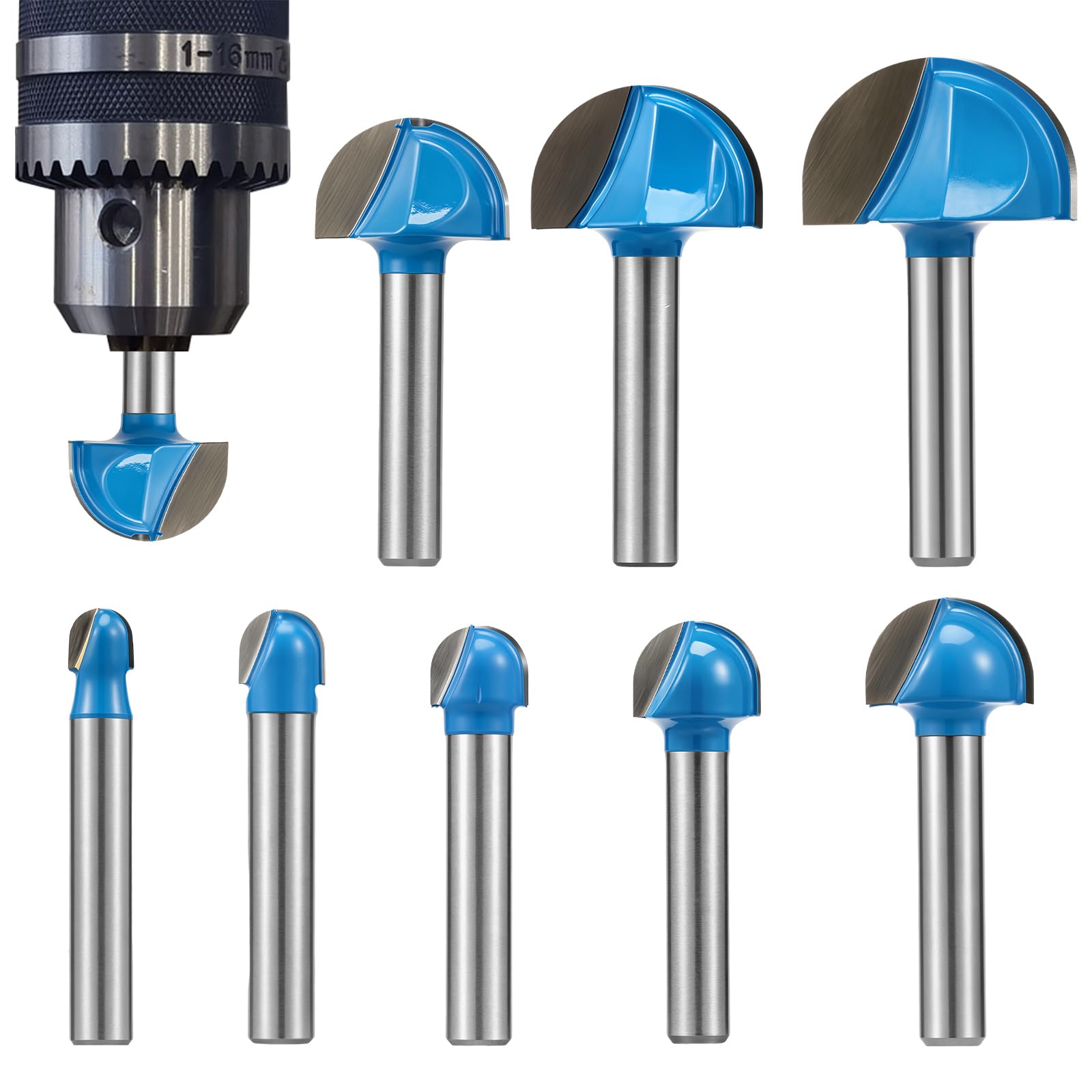 8 Pcs Cove Core Box Router Bit Set, 1/4" Shank Tungsten Carbide Tipped Round Nose Router Bits for Woodworking Grooving Milling Cutter Tool, Cutting Dia 1/4" to 1"
