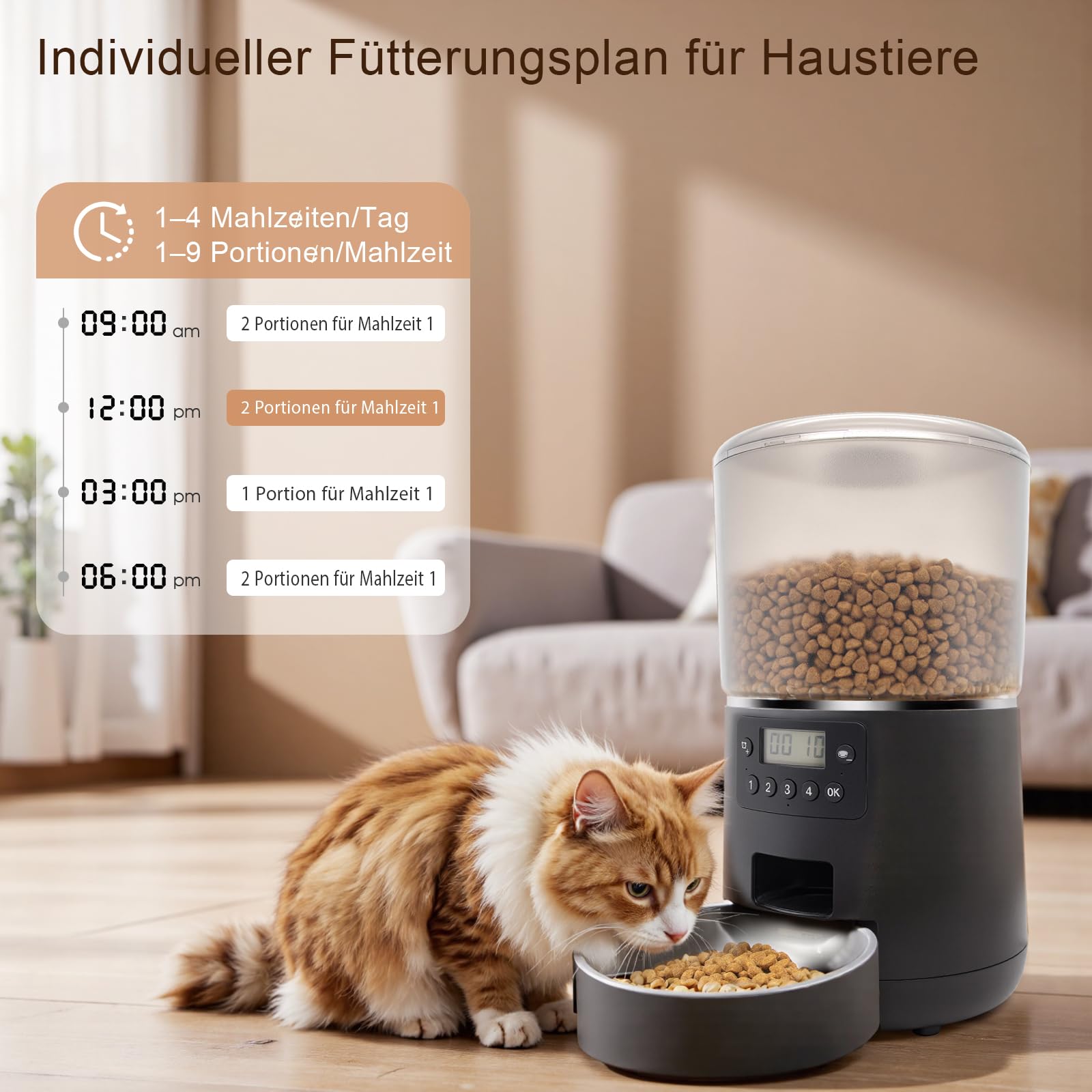 Futterautomat Katze mit Timer – 4L großes Fassungsvermögen, Programmierbar für 4 Mahlzeiten täglich, Präzise Portionskontrolle, Ideal für Katzen und Haustiere