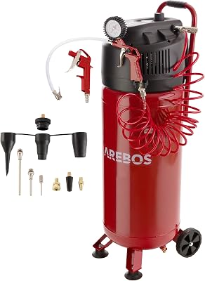 Arebos 50L Druckluftkompressor 1500W | 10 bar Kompressor stehend | 240 L/min Ansaugleistung | Ölfrei & leistungsstark | inkl. 5,3 m Spiralschlauch & 13-tlg. Zubehör | Wartungsarm | Abschaltautomatik
