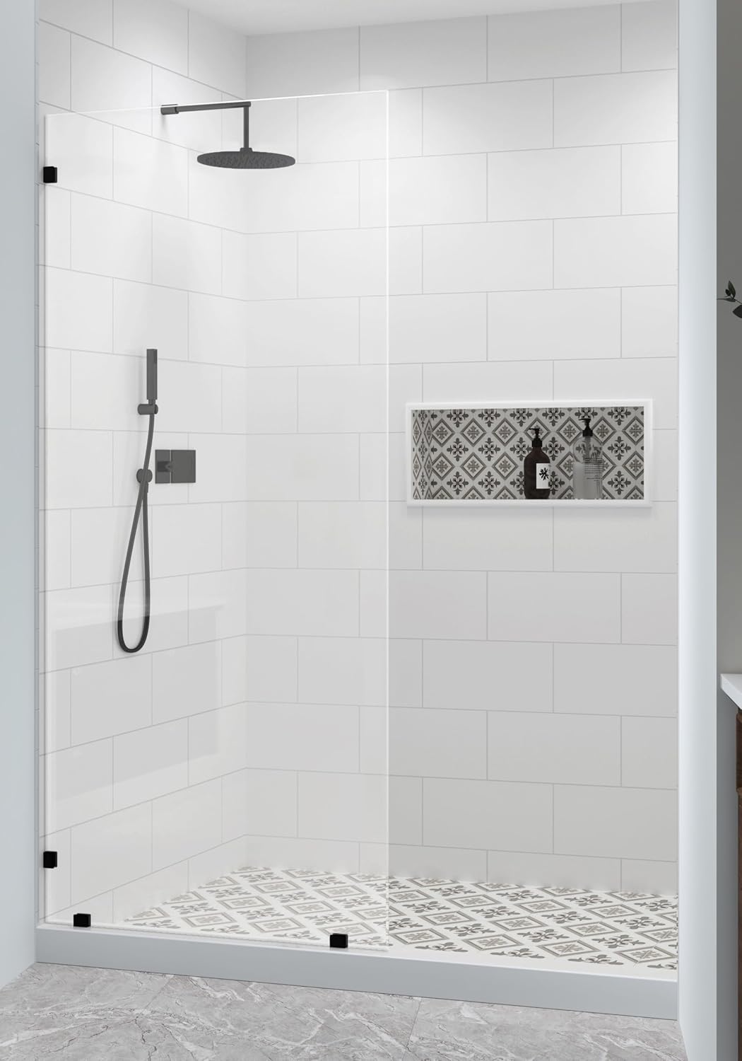 Shower Glass Panel 36" W x 78" H, Matte Black, Frameless Fixed Glass Panel, Clear 3/8" (10mm) SGCC Tempered Glass, Reversible Installation