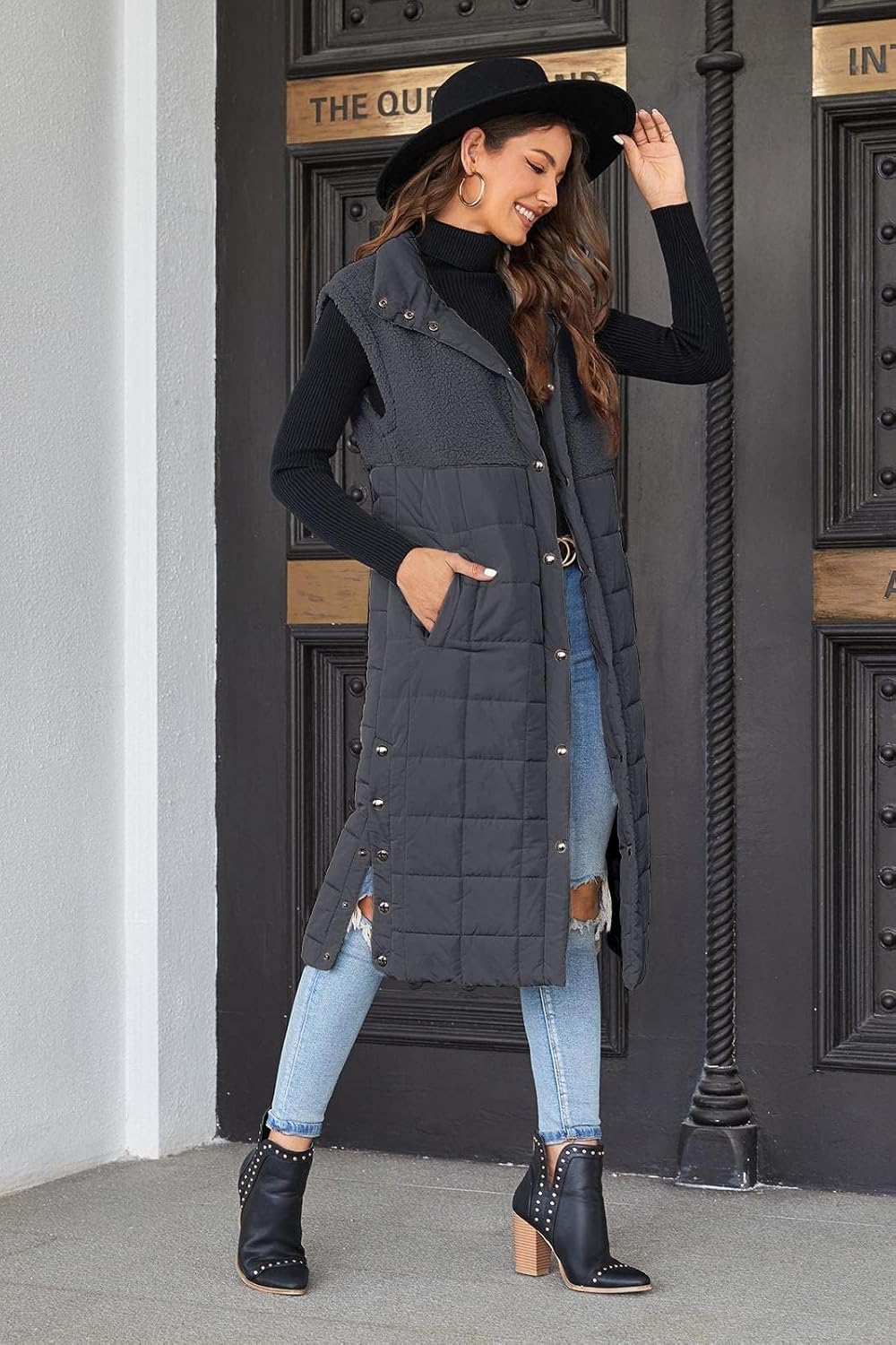 UMEKO Women's Long Puffer Vest Fleece Jacket Winter Button Down Sleeveless Coats - Image 5