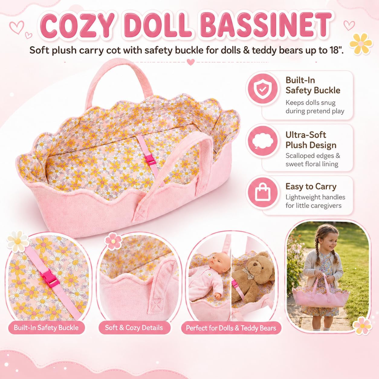 June Garden 18" Doll Bassinet Bed with Safety Buckle – Soft Plush Pink Carry Cot for Baby Dolls, Reborn Dolls & Teddy Bears – Pretend Play Gift for Girls Ages 2+