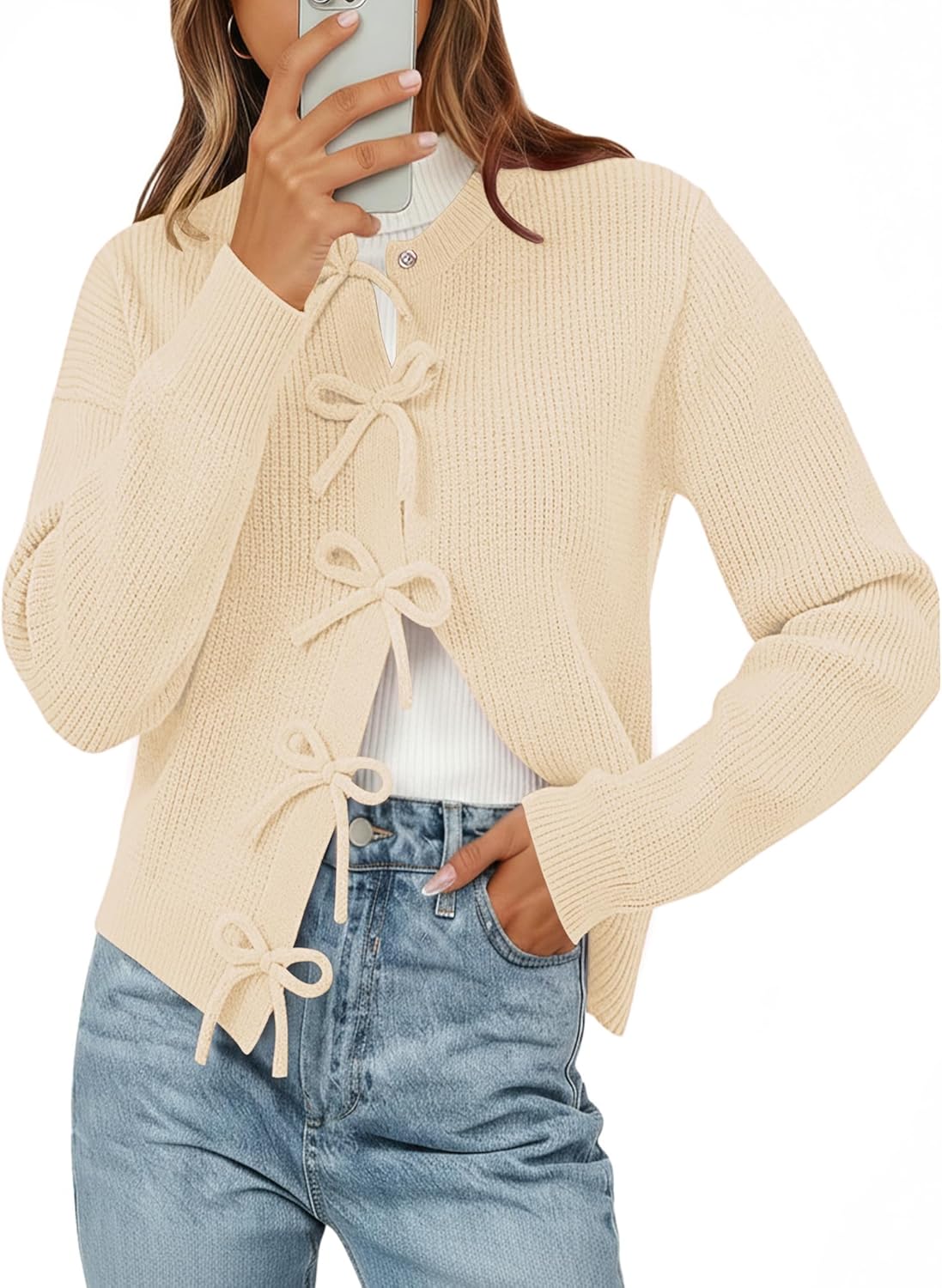 Women's Cardigan Sweaters Bow Button Down Cardigans Fall Fashion Clothes Knit Tie O...