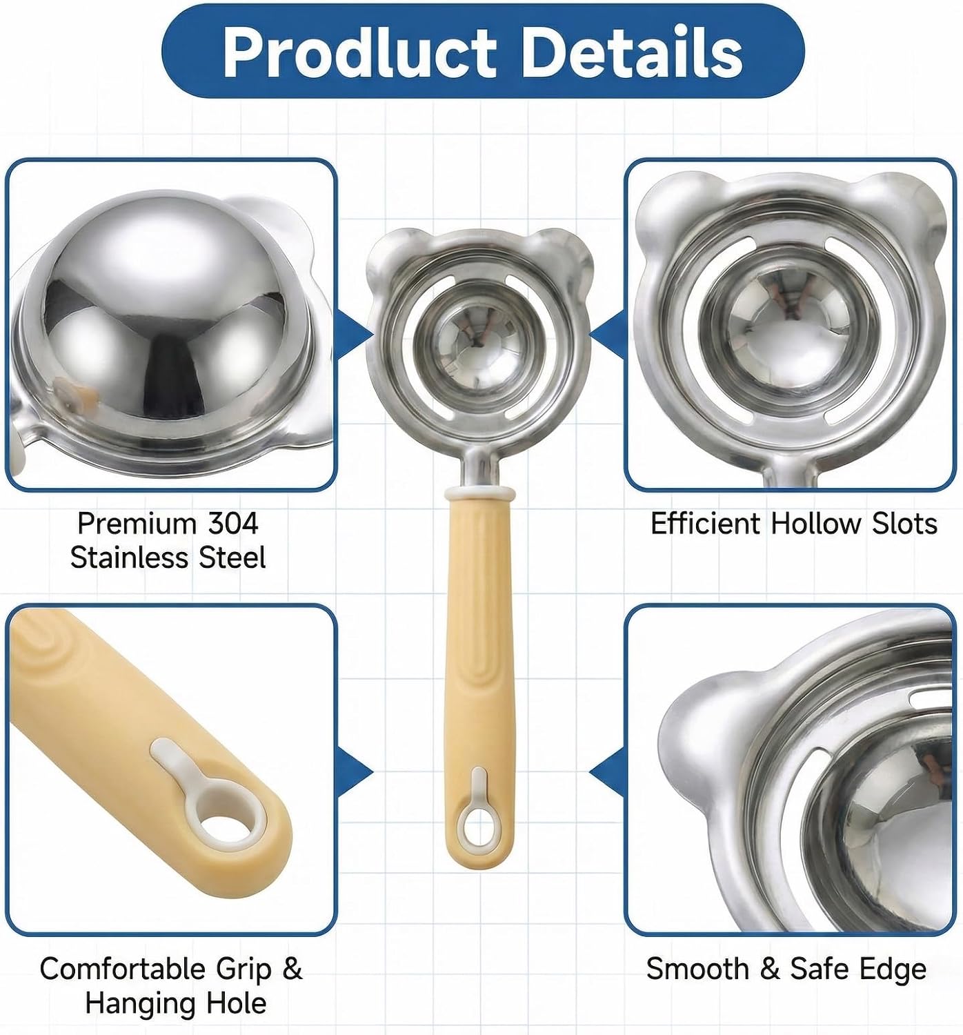 Egg Separator Stainless Steel - Egg Yolk White Separator for Raw Eggs, Fast Double Slot Filter - Comfort Grip Handle