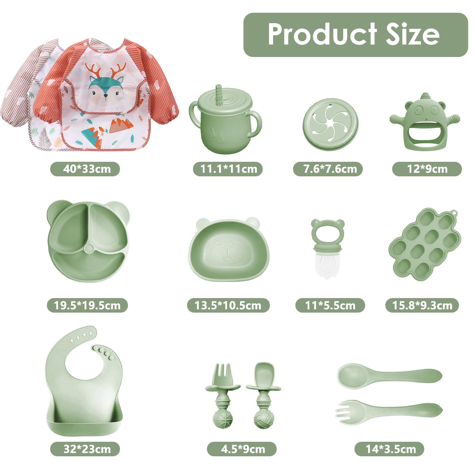 14 Pezzi Set Pappa Svezzamento, Svezzamento Set Silicone Piatto con Ventosa Piatto Ciotola Tazza Bavaglino Cucchiaio Forchetta, Set di Posate per Bambini per Lo Svezzamento e L'Alimentazione (Verde1)