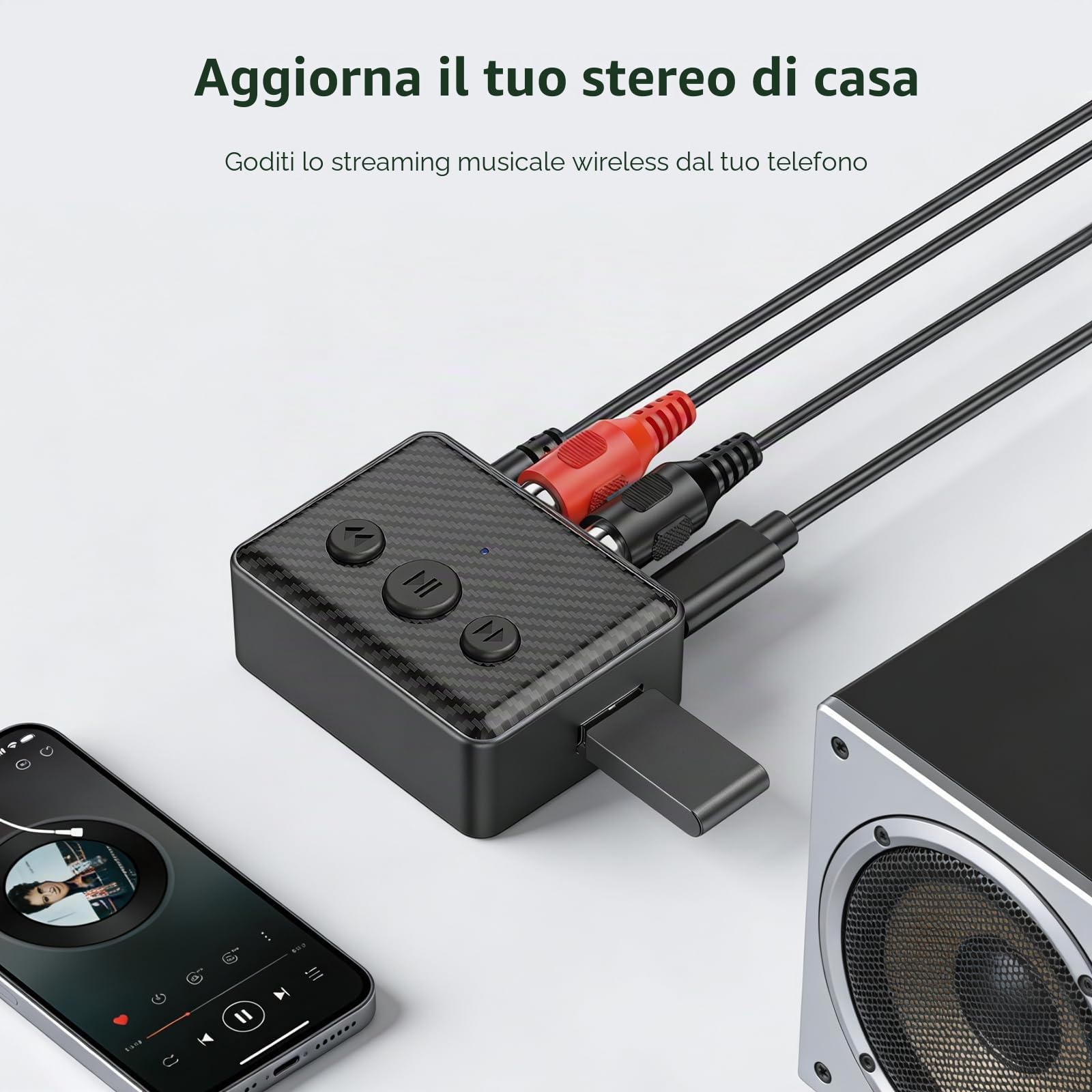 Ricevitore Audio Bluetooth 5.4,Adattatore Bluetooth con Uscita RCA/AUX Jack 3,5mm e Controllo Volume,Supporto USB,Ricevitore Bluetooth per Auto & sistema stereo in streaming di musica domestica, HiFi