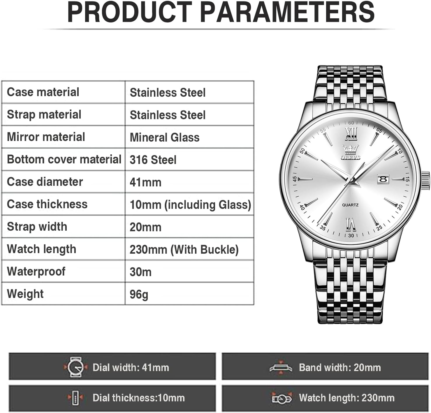 OLEVS Mens Silver Watches Classic Luxury Waterproof Watch for Men Analog Quartz Stainless Steel Men's Dress Watches Casual Wrist Watch Large Face with Day Date Relojes para Hombres - Image 4