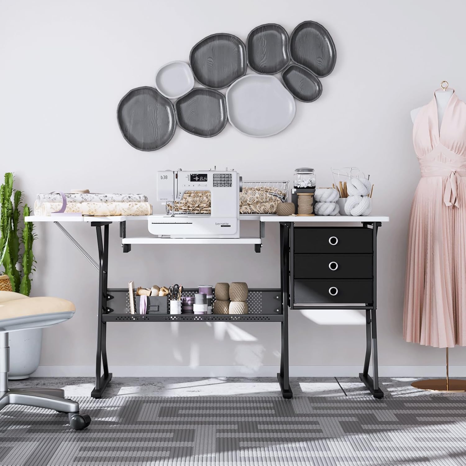 MoNiBloom 60" Sewing Craft Table, Large Sewing Machine Table w/Adjustable Shelf & Enlarged Cutting Space, Sturdy Computer Desk with Storage Drawer