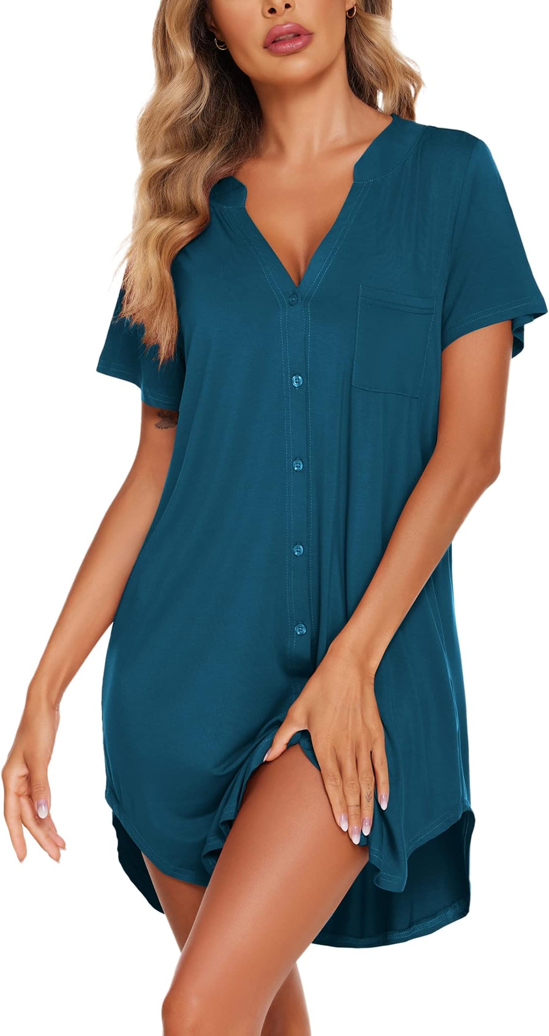 Women V Neck Button Down Nightgown