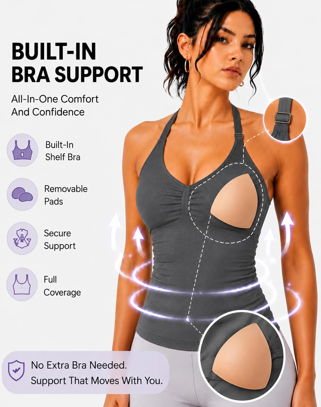 Women’s Slim Fit Halter Tank Top with Built-in Bra V Neck Workout Top
