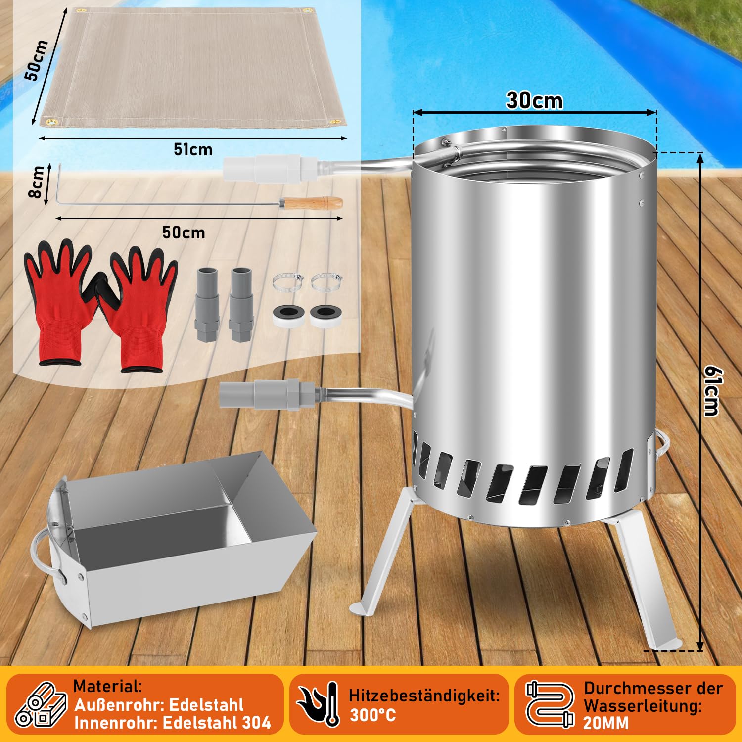 Calefacción para piscina de leña, calefacción de piscina con fuego, calentador de piscina, barril de fuego de acero inoxidable, cubo de fuego climatizado, 32/38 mm, conectores 100% de acero