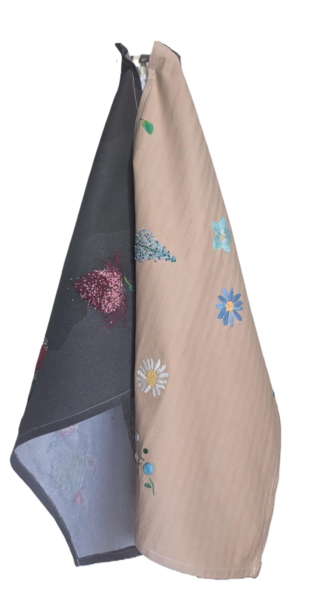 Torchons floraux brodés main coton essuie-vaisselle fleurs colorées