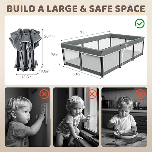 Miniatura 8 de Corralito plegable para bebés con tapete 74 x 50 pulgadas para bebés y niños pequeños Corralito portátil para interiores y exteriores con bolsa de