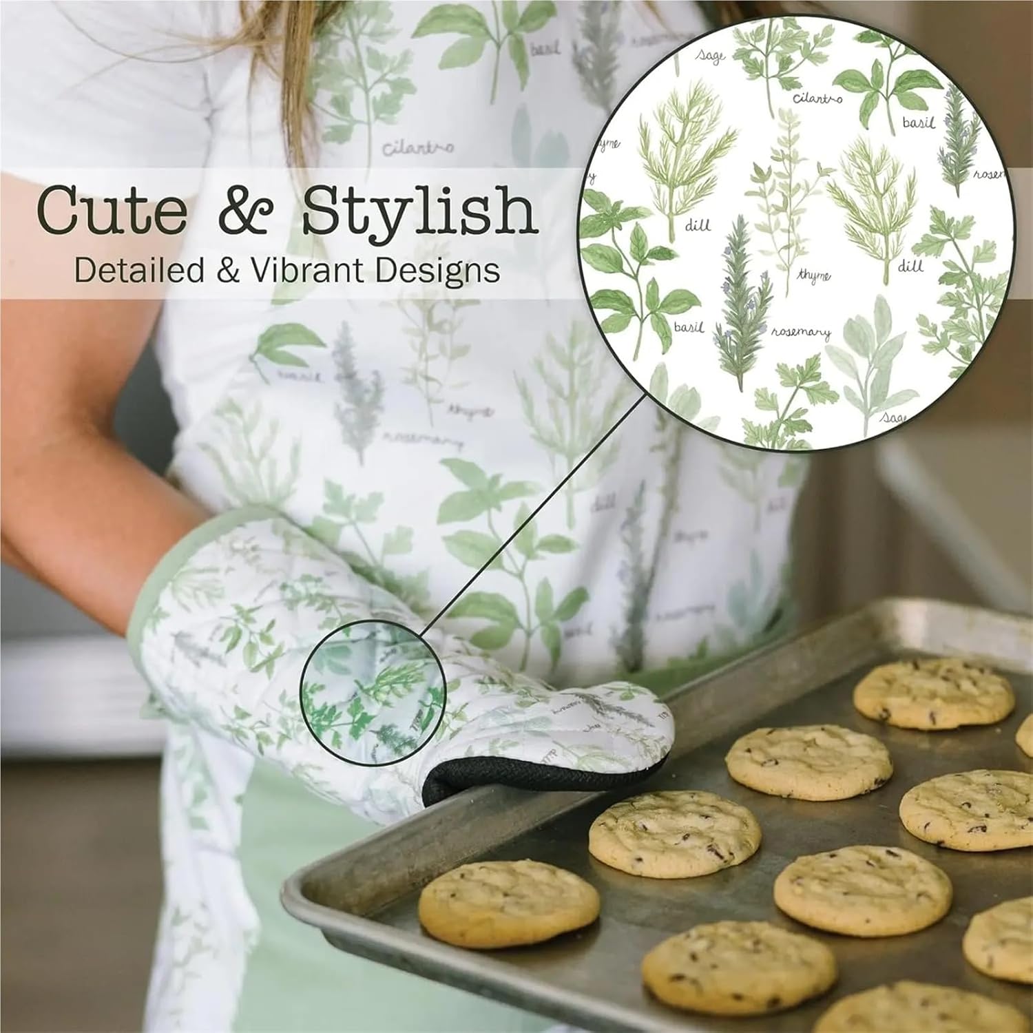 Heat Oven Mitts Set of 2 with Non-Slip Grips and Hanging Loops, Green Herbs Design