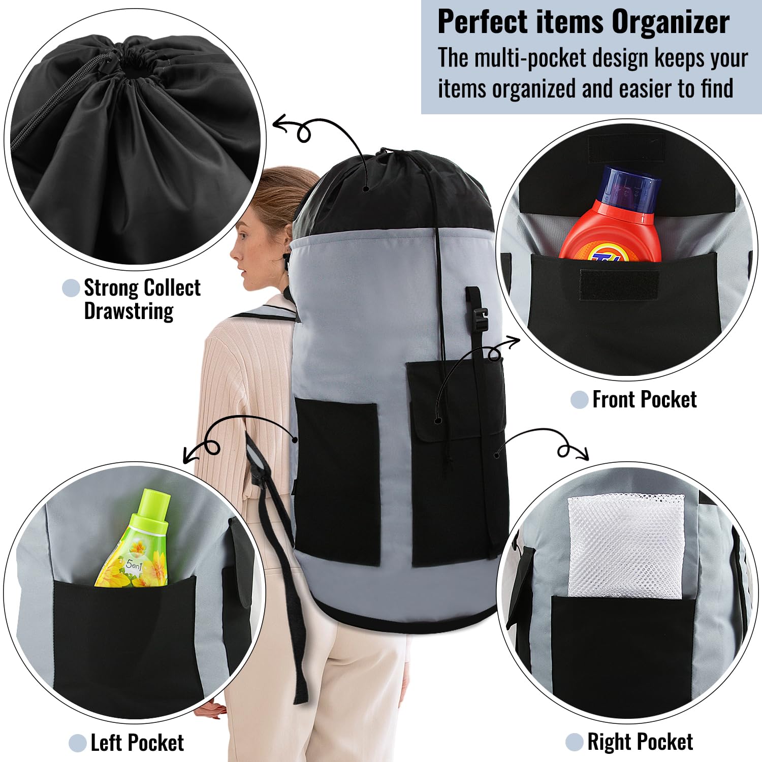 JOINPRO Wäschesack-Rucksack, 125 l, extra große Reise-Wäschesäcke mit Schultergurten, verstellbares und ausziehbares Design, Wäschesammler mit 3 Taschen für Waschsalon, Uni, Reisen, Camping
