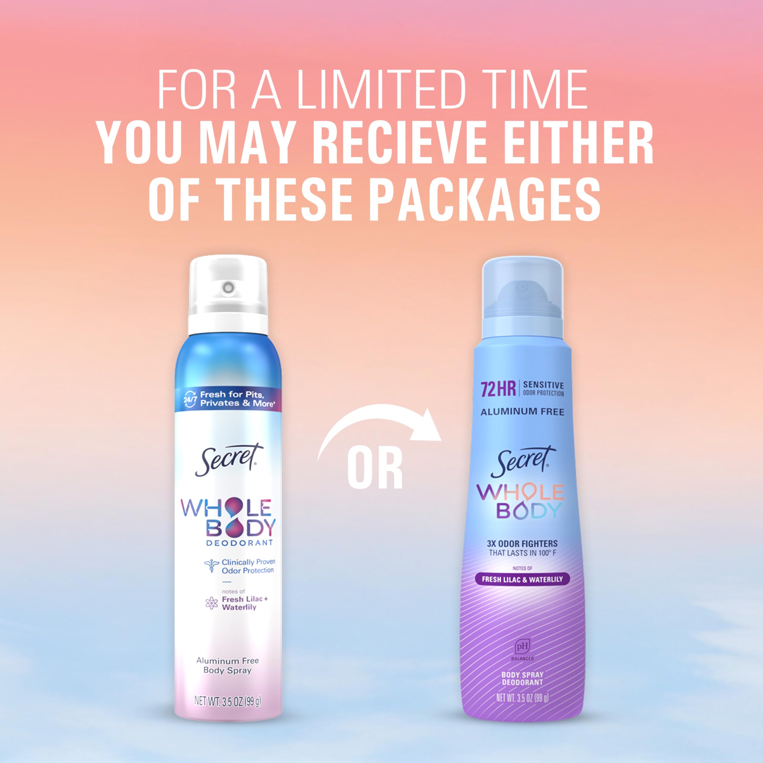 Secret Whole Body Deodorant Spray for Women, Lilac & Waterlily Scent, Aluminum Free Deodorant Spray, 72 HR Odor Protection, 3.5 oz