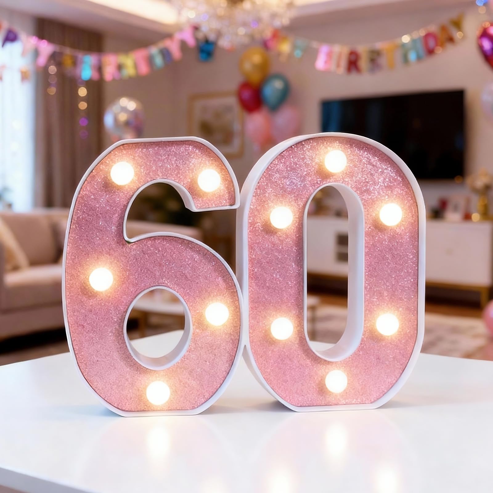 LED Light Up Numbers, 60 Marquee Numbers Light Sign, 6.3 inch Pink LED Number Lights for 60th Birthday Decorations, Warm Lighted Number Sign for Birthday Wedding Anniversary Home Wall Decor — image 1
