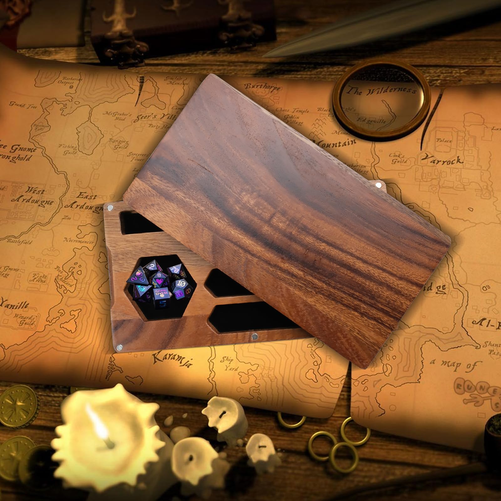 Walnuss-Würfelbox, 12,2 x 22,9 x 4,1 cm, sichert den Deckel, tragbare Tablett, handgefertigte Würfelablage mit Aufbewahrung, Magnetverschluss und Telefonständer für Tisch-RPG und Brettspiele