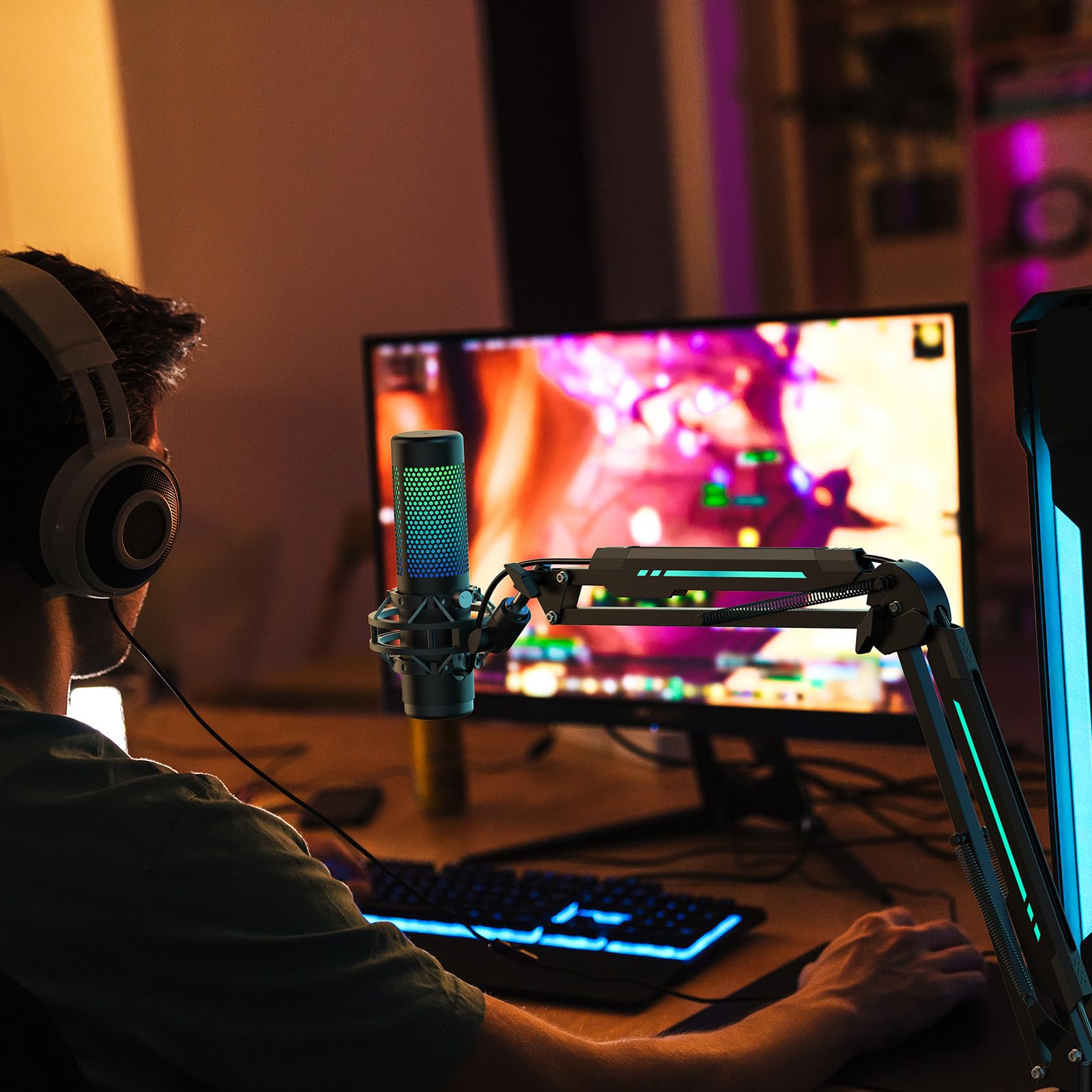 TONOR Braccio per Microfono con RGB, Braccio per Microfono con Morsetto per Montaggio su Scrivania, Modalità RGB con Controllo Tramite App, Gestione Cavi, per Streaming, Giochi, Studio, T20S