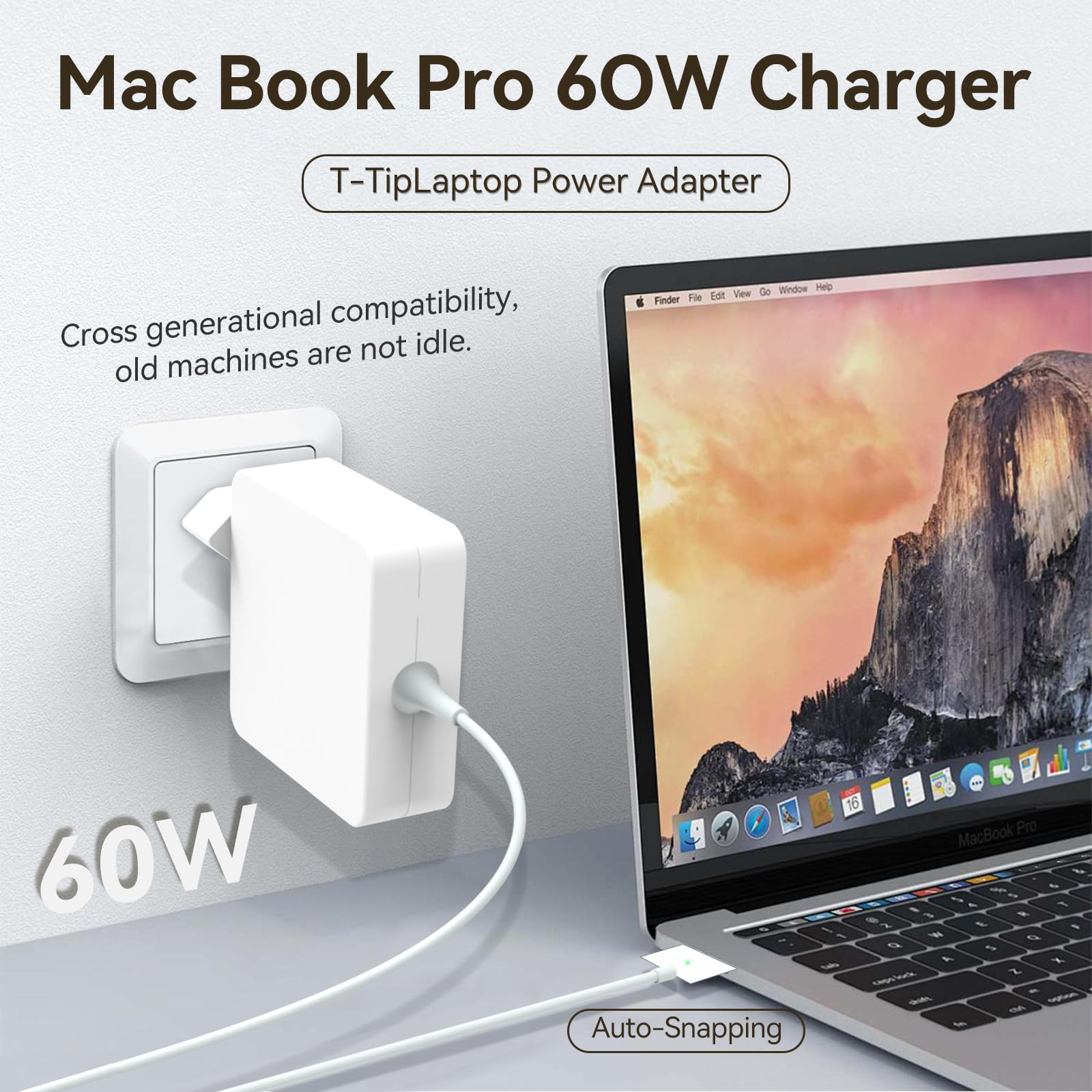 60W T-Tip Caricatore, Compatibile con Mac Book Pro Caricabatterie, Portatile Adattatore di Alimentazione per MacBook Air 11/13 Pollici, Modelli 2012/2013/2014/2015/2017/2018, Adatto A1502/A1465/A1436