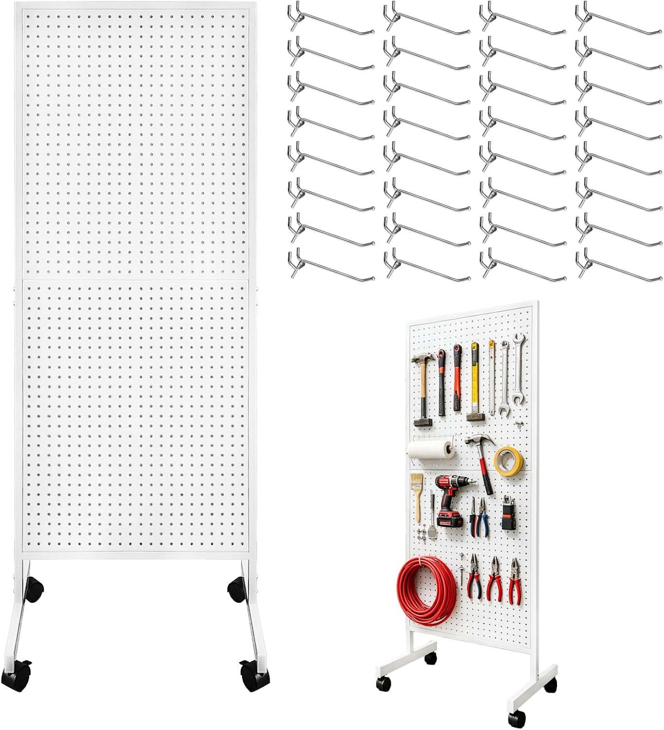 2'x 5.5' Standing Pegboard Display with T-Base, Pegboard Display Stand with Wheels, Metal Peg Board Display Rack, Art Display Stand,Retail Display with 32 Hooks (White)