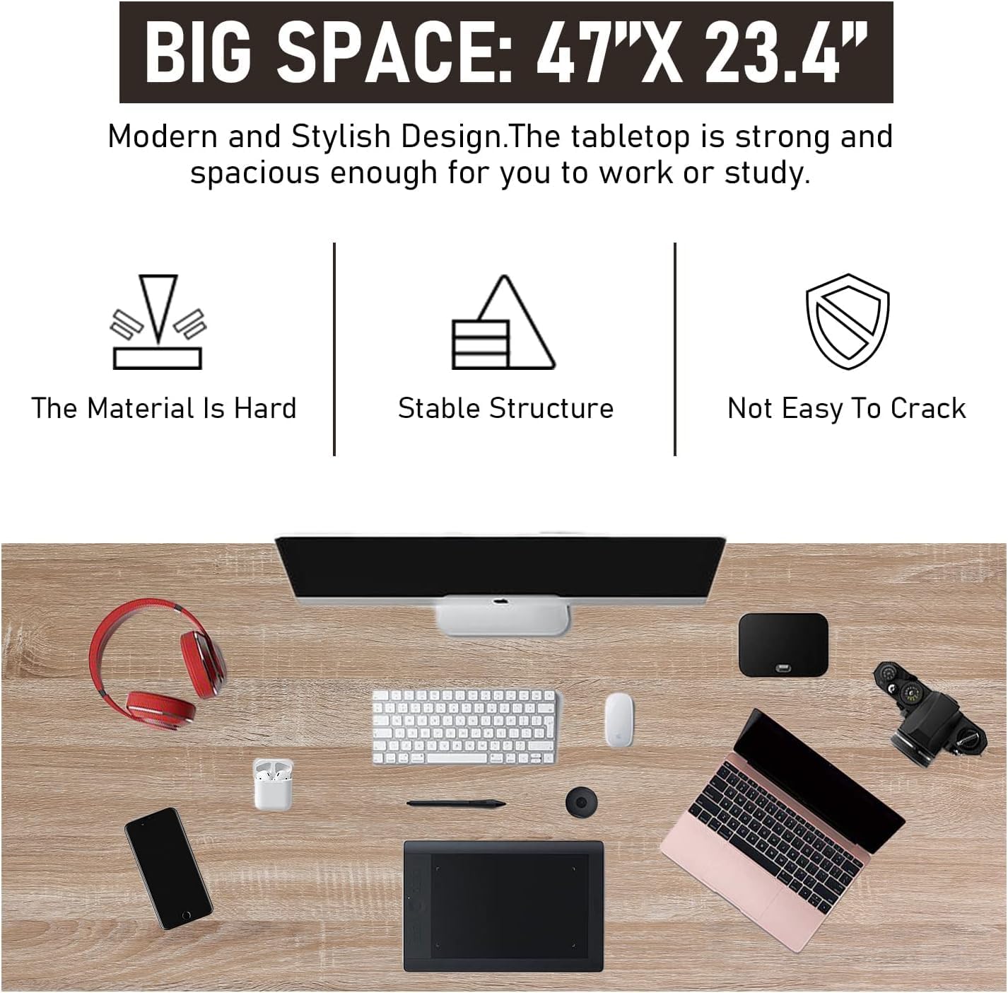 47 Inch Computer Desk Modern Gaming Desk for Home Office, Large PC Gaming Table for Teen, Student Art Modren Simple Style Computer Desk, Wood and Metal Desk Workstati, Black