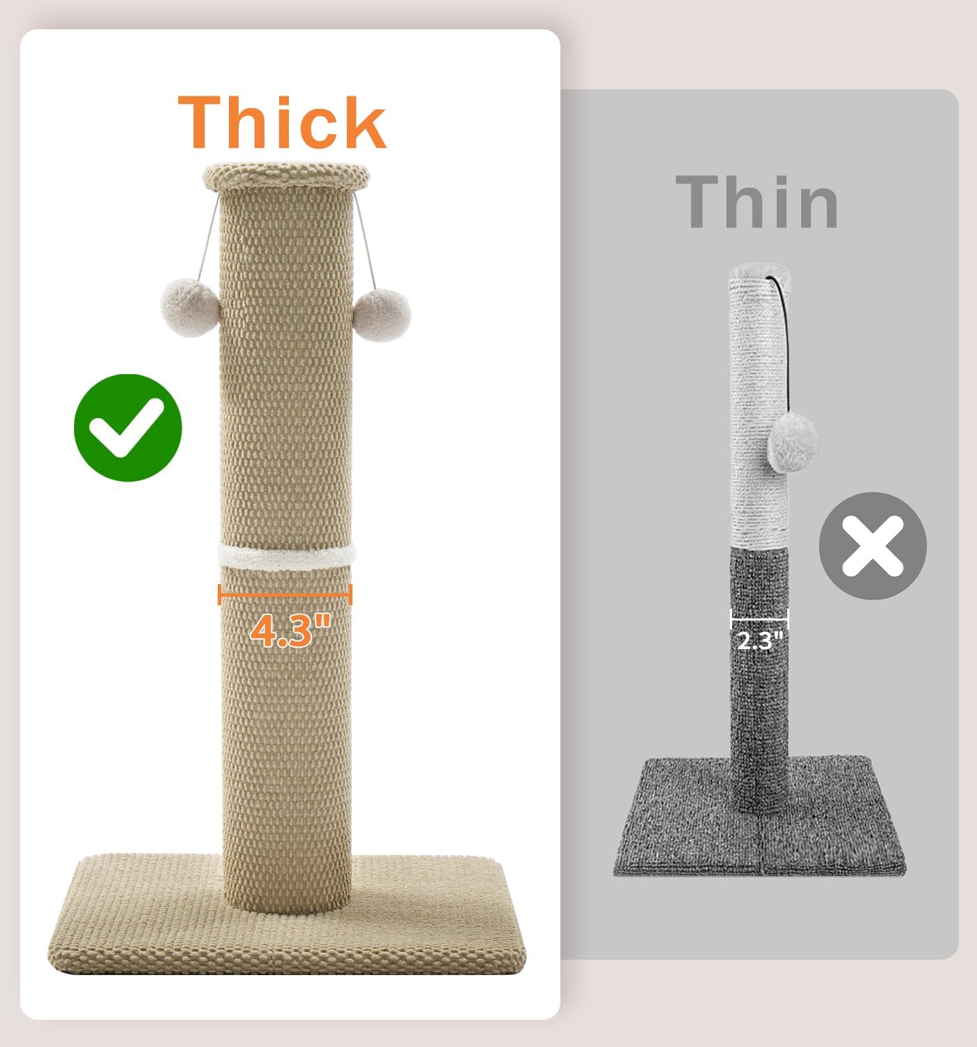 Made4Pets Tall Cat Scratching Post, 33" Modern Cat Scratcher with Hanging Balls, Heavy Duty and Thicker Scratching Post for Indoor Cats Adults, Sturdy Base Cat Scratch Post, Beige