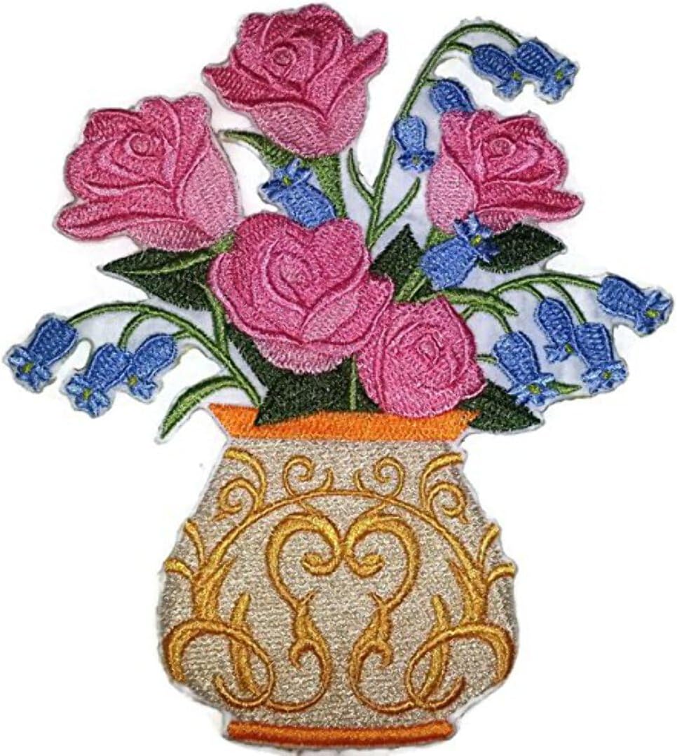 Custom and Unique Blooms Flowers with Vase[Victoria Rose and Blue Bells] Embroidered Iron on/Sew Patch [5.44" * 4.82"] [Made in USA]