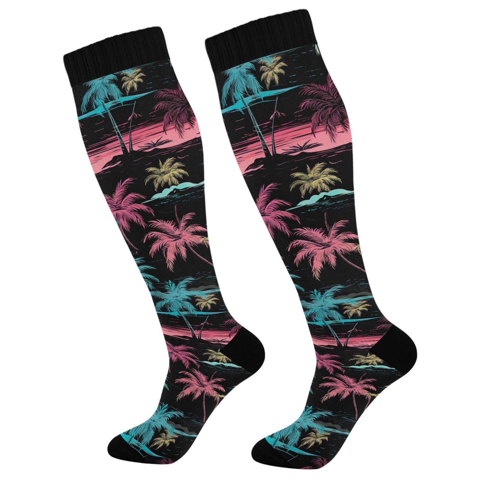 J JOYSAY Palm Trees Colorful Compression Socks for Women Men Knee High Cycling Socks for Recovery Work