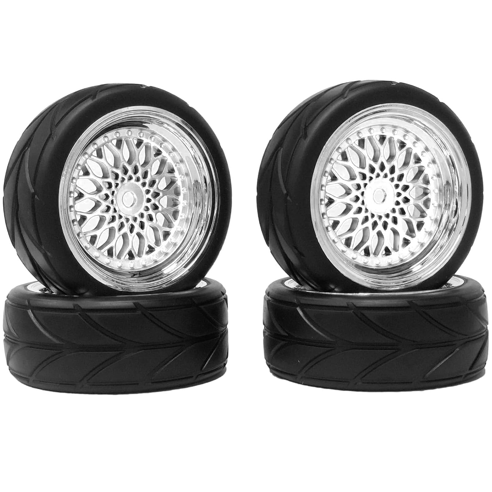 KINGCOO RC Car Tyres and Wheels Set, 4PCS 64mm Rubber Tires and Plastic Plating Wheel Rims 12mm Hex for 1/10 RC On Road Run-flating Touring Racing Drift Car (Silver, Offset:3MM)