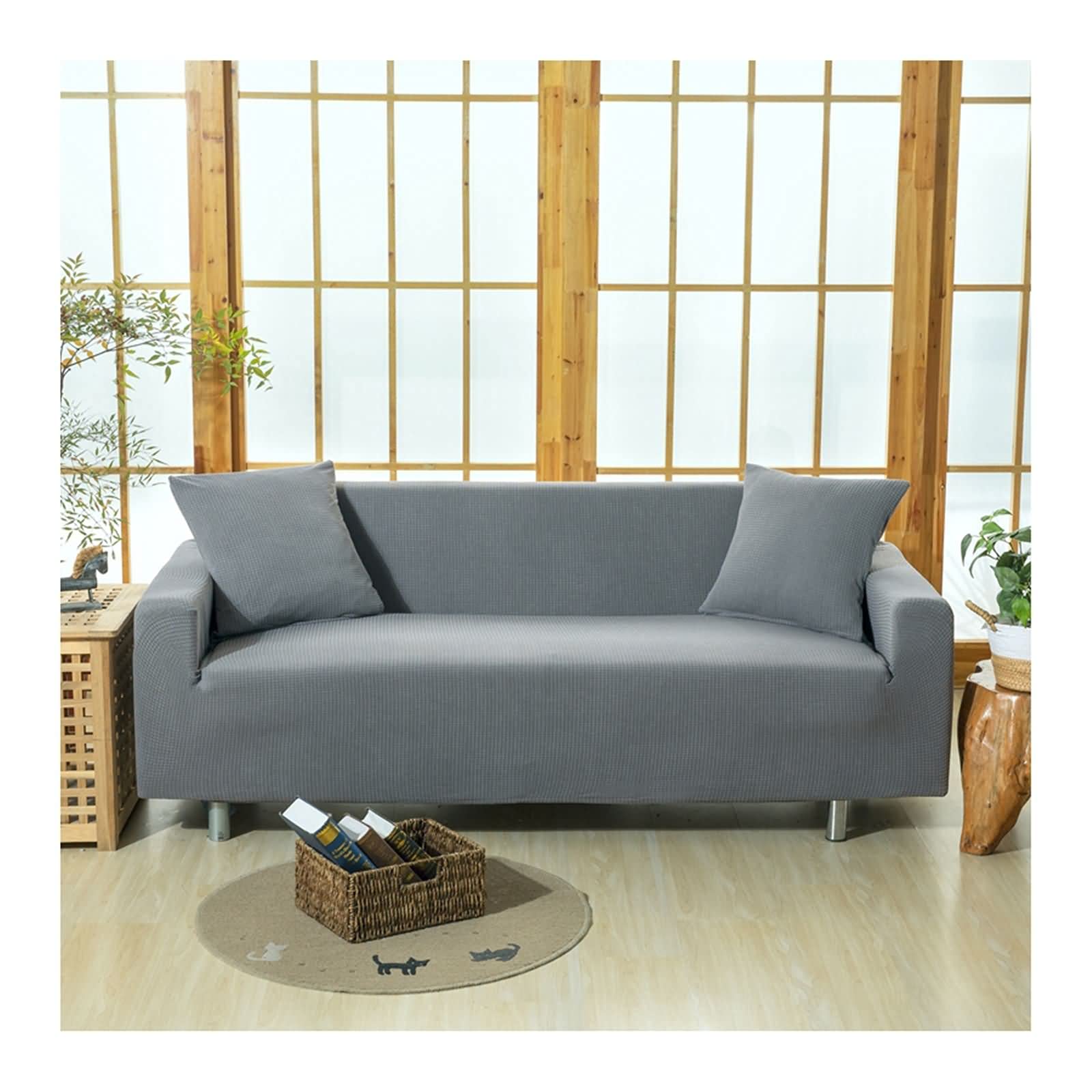 Housse de sofa 4 places gris foncé extensible pour canapé de 235 à 300cm
