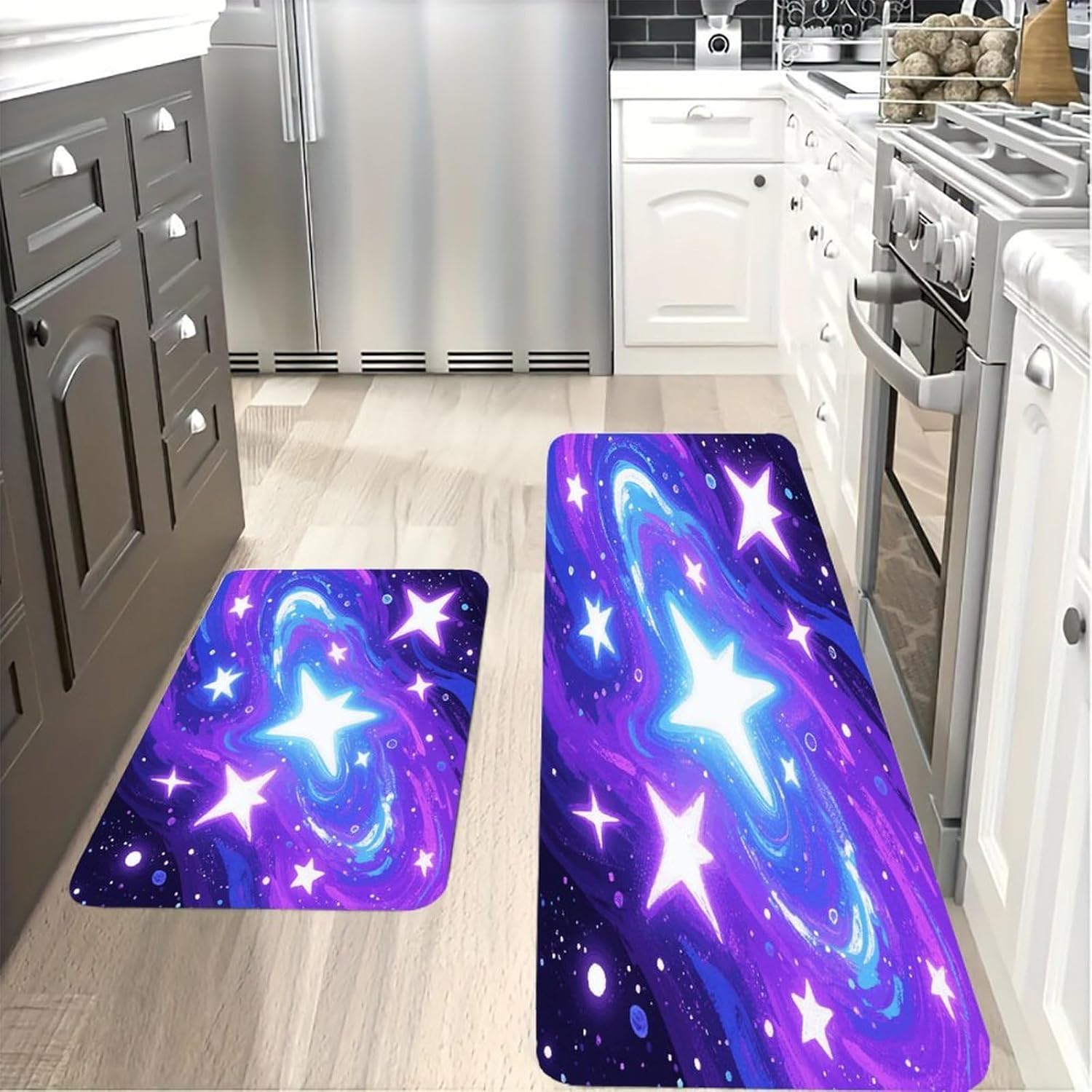 Starry Print Kitchen Mat Set of 2 Ergonomic Comfort Velvet Rugs Cushioned Anti-Fatigue Non-Slip Standing Mats Thick Kitchen Floor Mat Carpet Runner Rugs 16"×24"+17"×47"