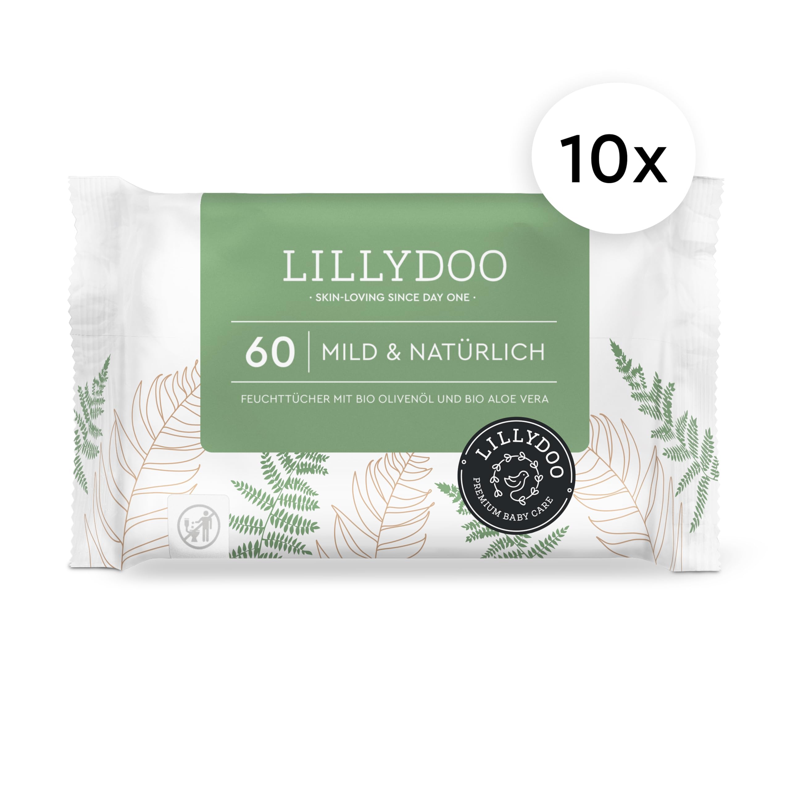 LILLYDOO green Feuchttücher, 600 Stück (10 x 60), 100% plastikfreies, reißfestes Tuch - ohne Parfüme, mild & natürlich, sanft reinigend für empfindliche Haut, Dermatologisch getestet